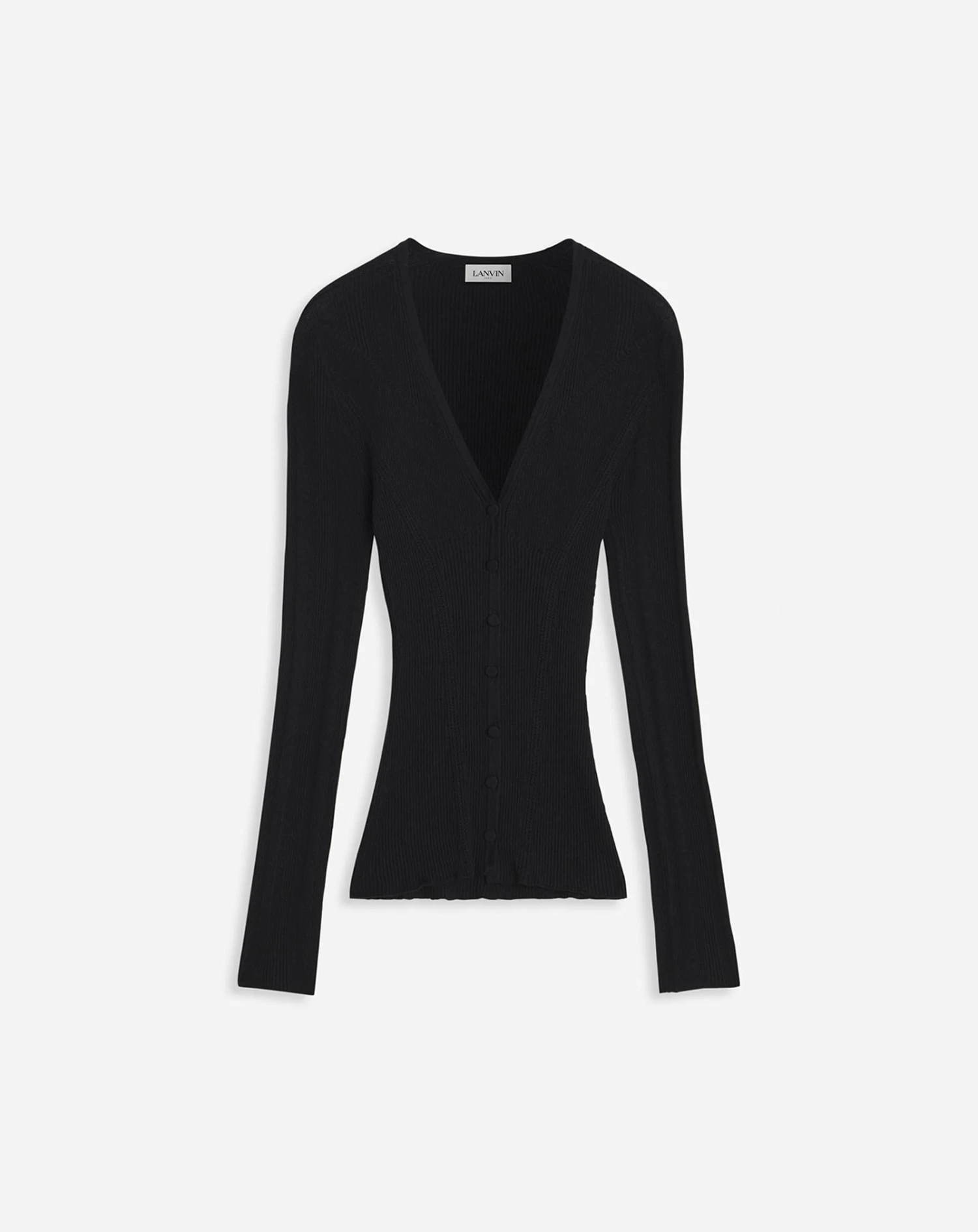 Lanvin V NECK RIBBED CARDIGAN IN SILK AND CASHMERE 1 Lanvin V NECK RIBBED CARDIGAN IN SILK AND CASHMERE