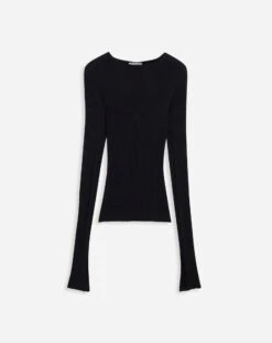 Lanvin ROUND NECK LONG SLEEVE RIBBED TOP IN SILK AND CASHMERE